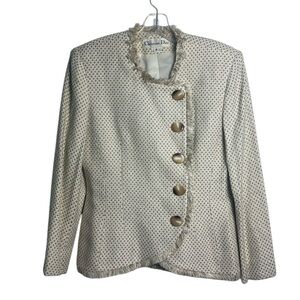 Vintage Christian Dior Cream Tan Fringe Button Up Blazer Jacket Size 4